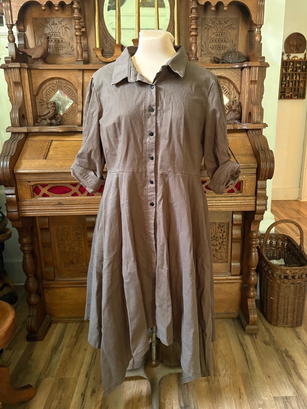 Reborn Y2K Cottage Fairy Asymmetrical Button-Front Shirt Dress in Brown/Taupe